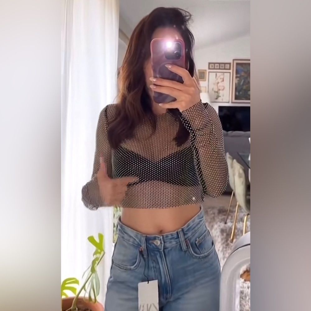 Zara SHIMMER MESH CROP TOP Black 2712/316/186/009